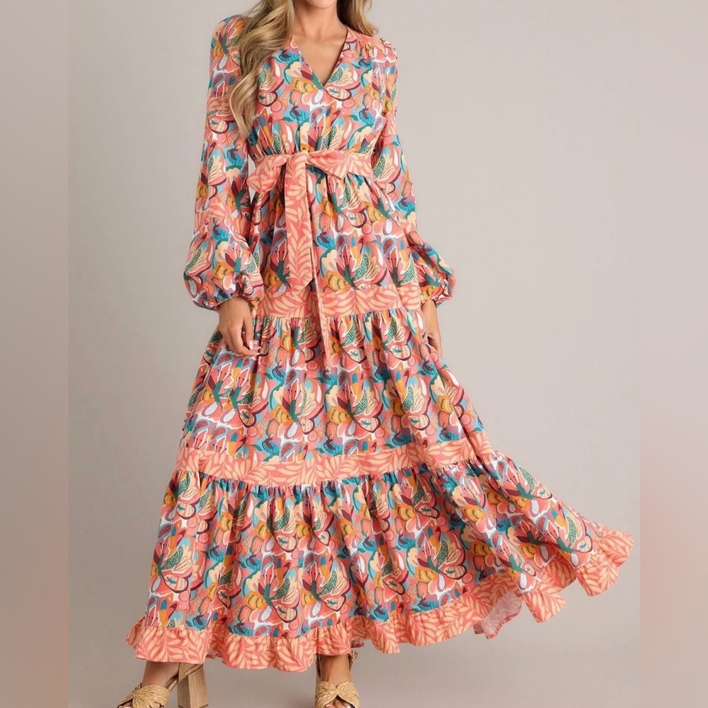 Aura Good Flows To Me Coral Floral Maxi Dress, size XS
